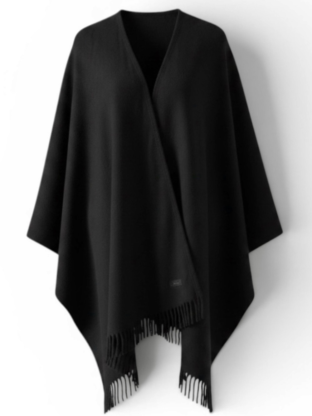 Vintage Burberry Black Cashmere Fringe Cape Wrap Shawl Embroidered EKD Logo OS